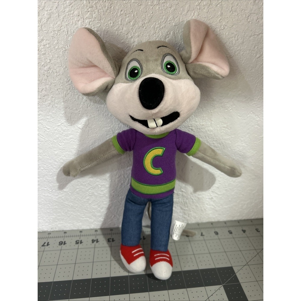 Chuck E Cheese Plush Stuffed Animal Gray Mouse Blue Jeans Purple Shirt 12" Pizza